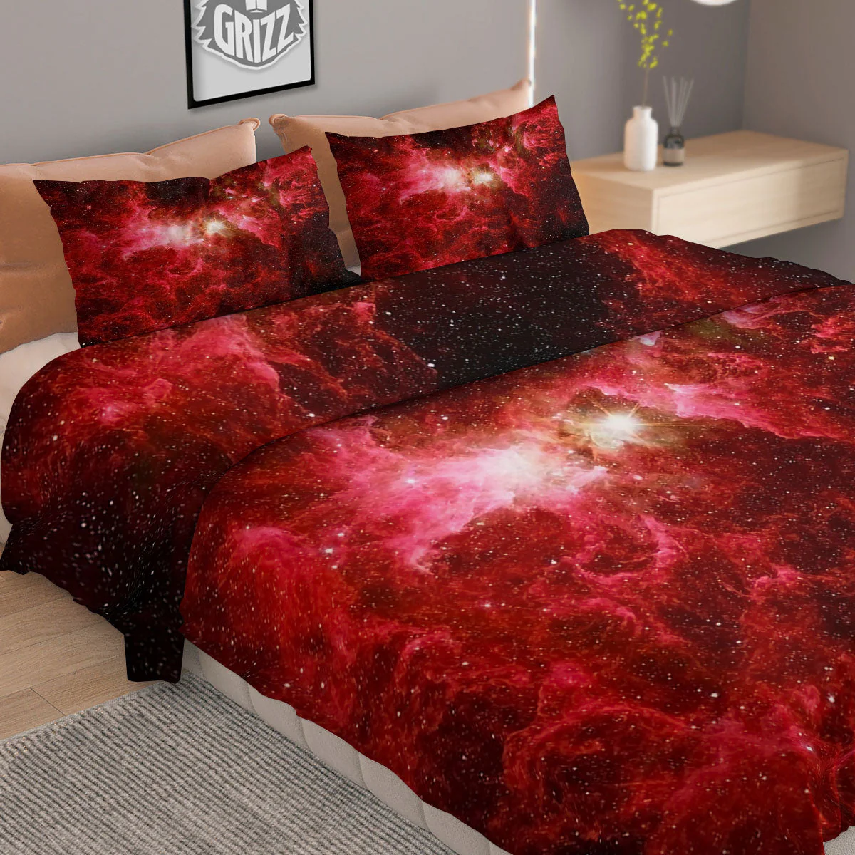 Universe Galaxy Space Red Stardust Print Duvet Cover Bedding Set - Image 2