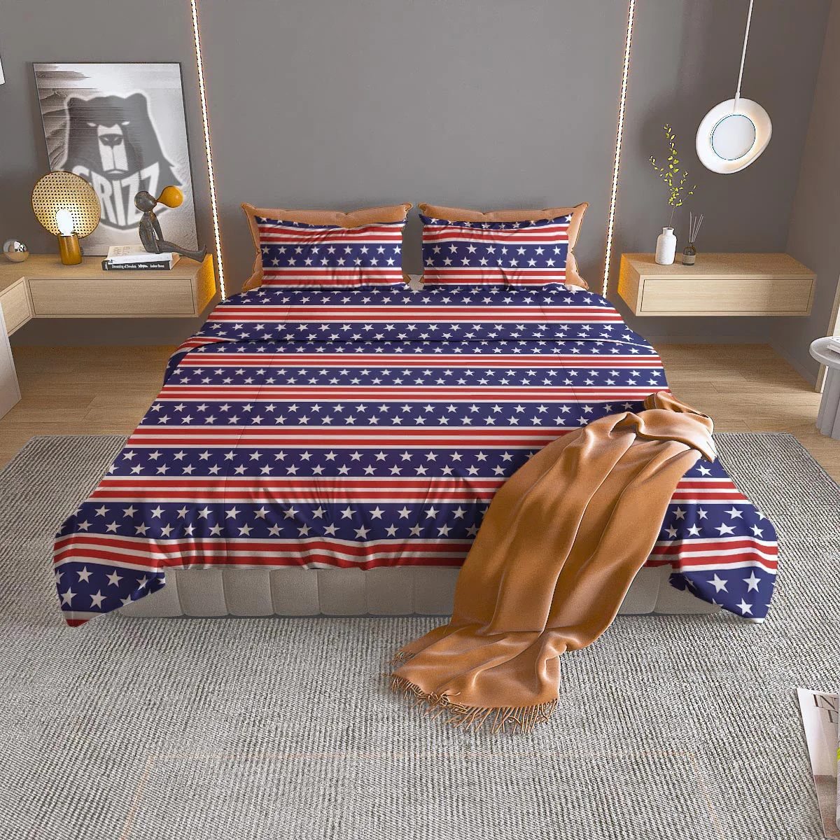 USA Star Red Striped Print Pattern Duvet Cover Bedding Set