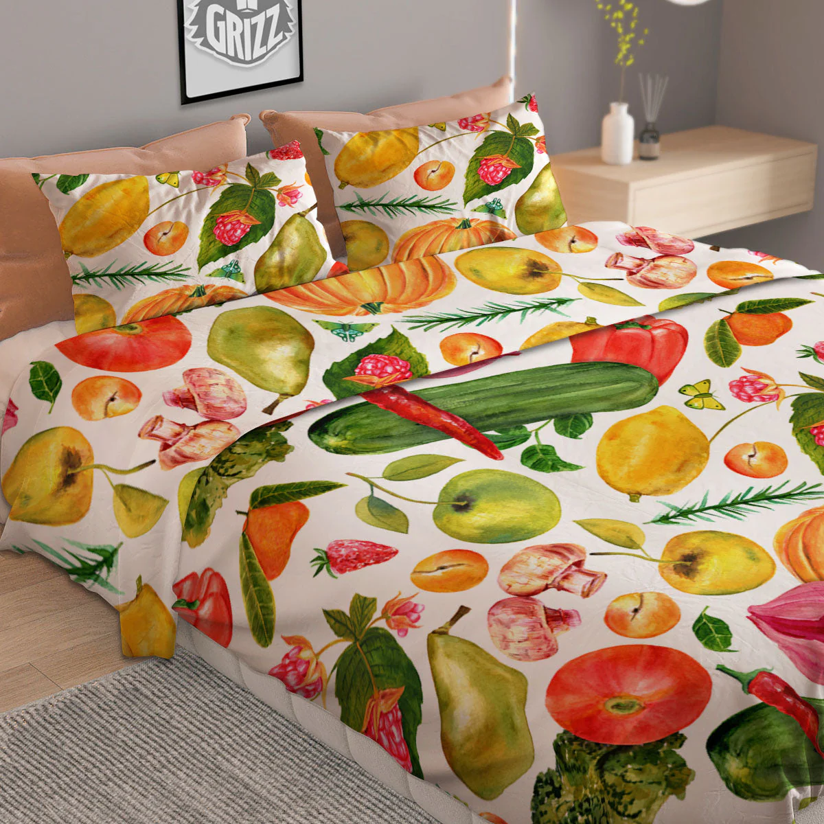 Vegetables And Vegan Fruits Print Pattern Duvet Cover Bedding Set - Image 2