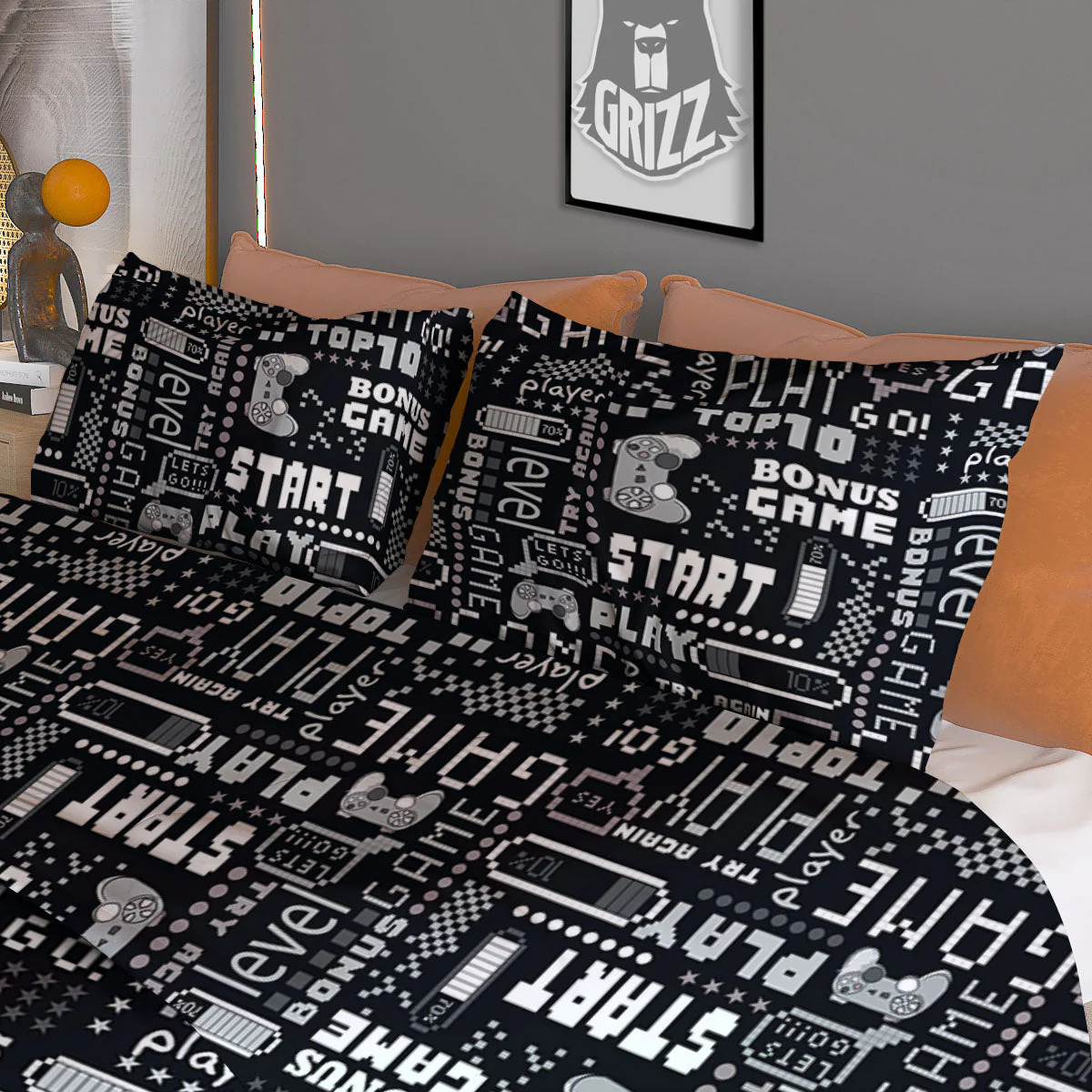Video Game White And Black Print Pattern Duvet Cover Bedding Set - Image 3
