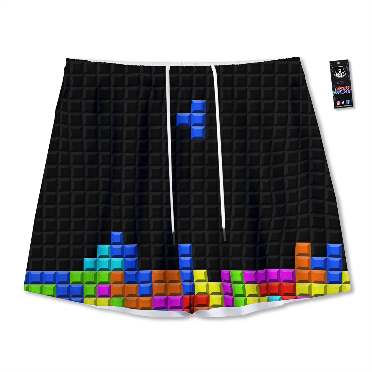 Video Game White Brick Puzzle Print Mesh Shorts