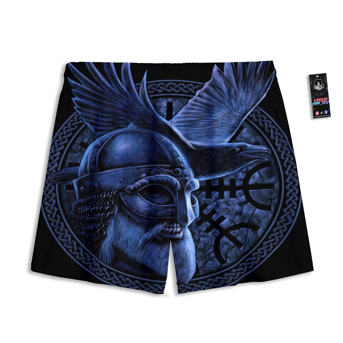 Viking God Odin And Crow Blue Print Mesh Shorts - Image 2