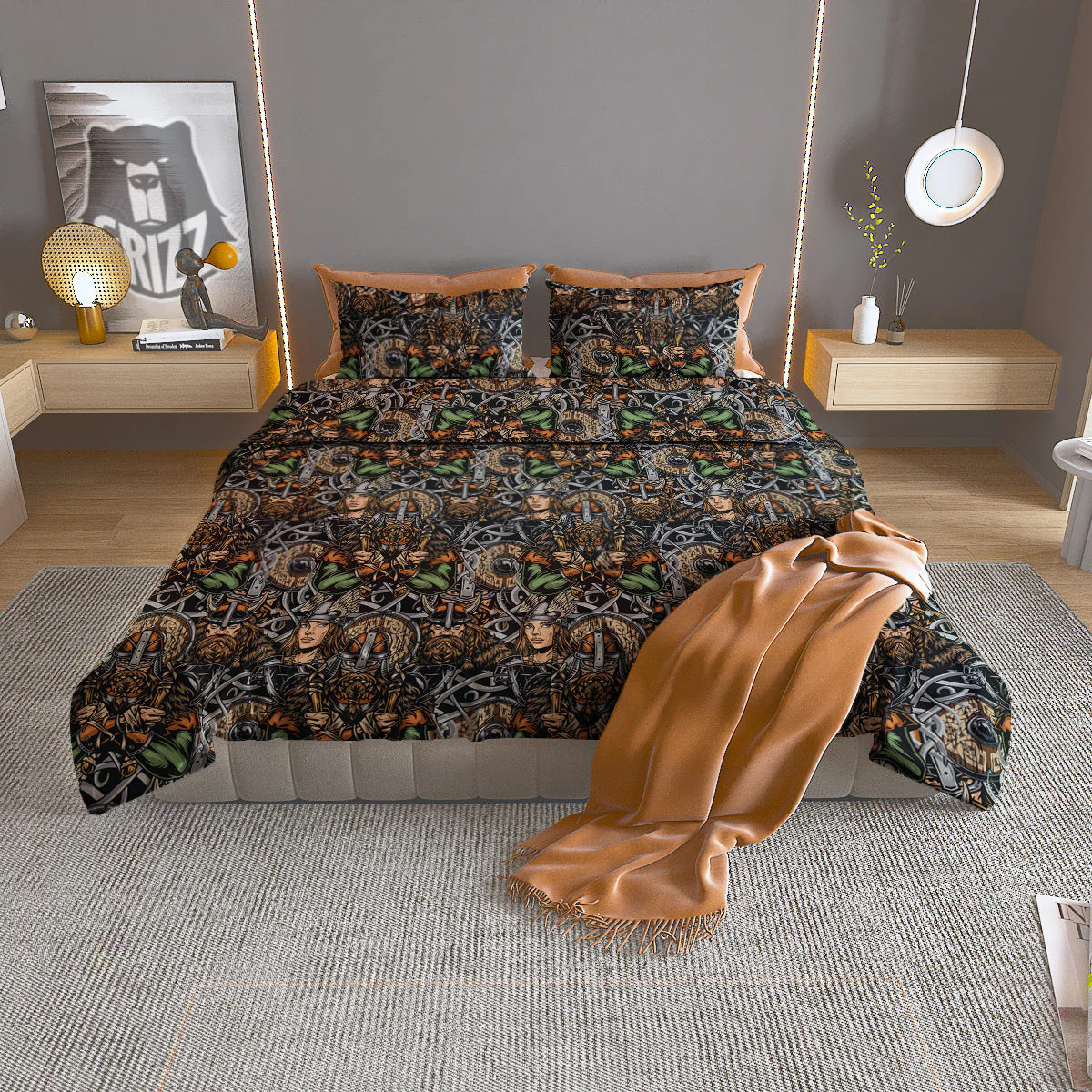 Viking Nordic Warriors Print Pattern Duvet Cover Bedding Set