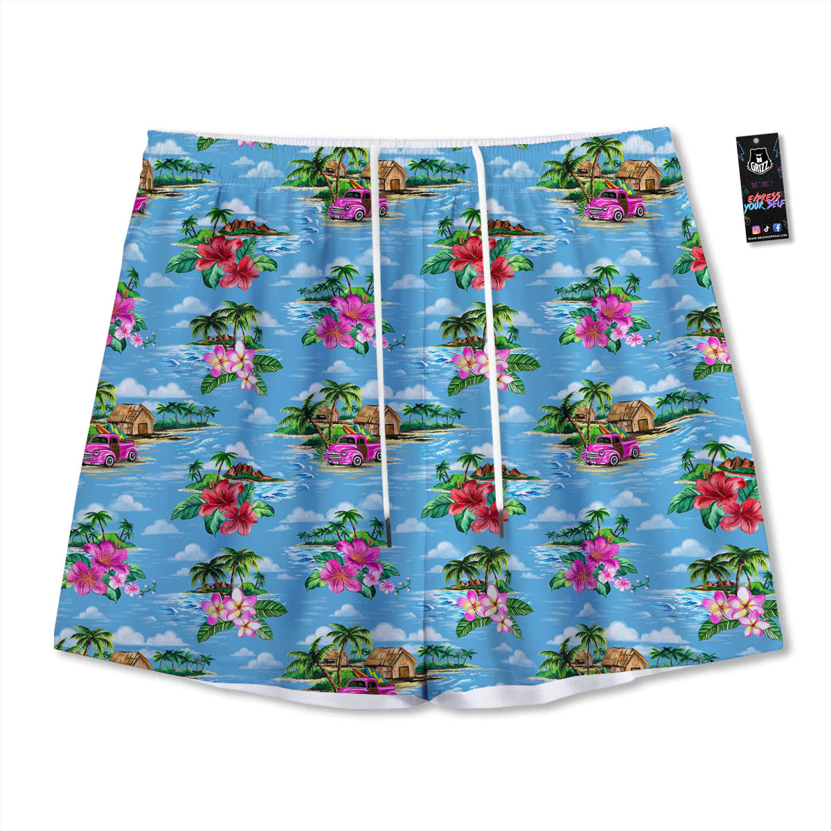 Vintage Hawaiian And Blue Sky Print Pattern Mesh Shorts