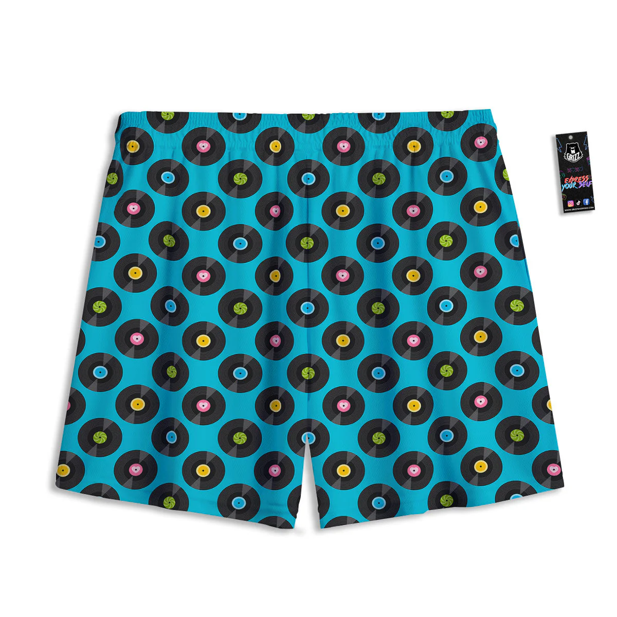 Vinyl Record Blue Print Pattern Mesh Shorts - Image 2