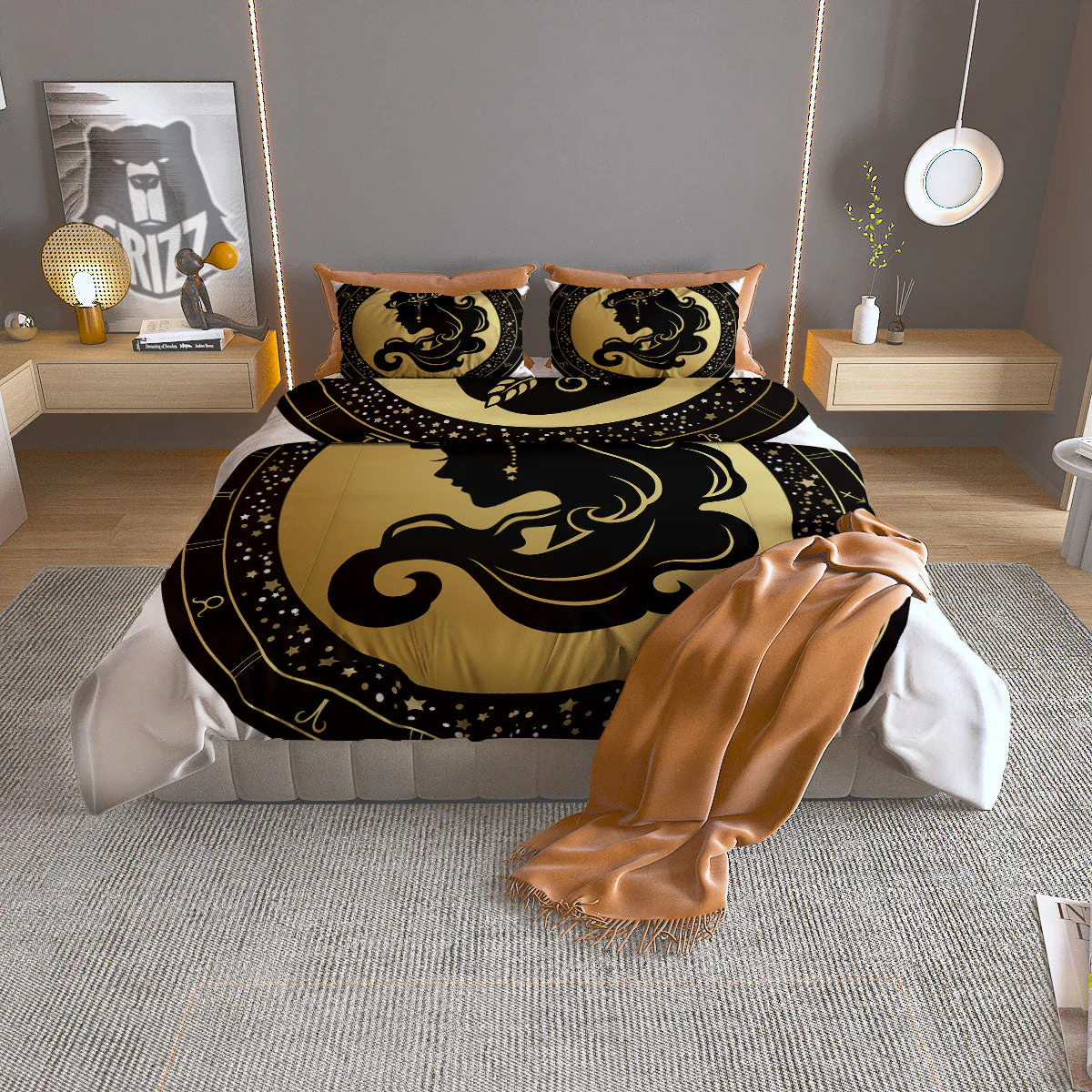 Virgo Sign Black And Gold Print Duvet Cover Bedding Set