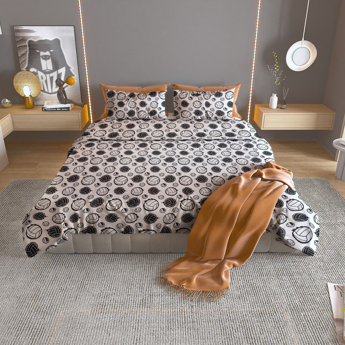 Volleyball White And Black Print Pattern Duvet Cover Bedding Set