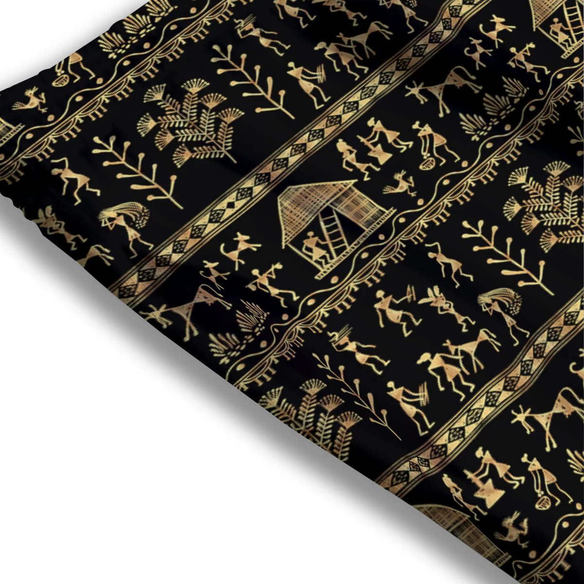 Warli Gold And Black Print Pattern Mesh Shorts - Image 3