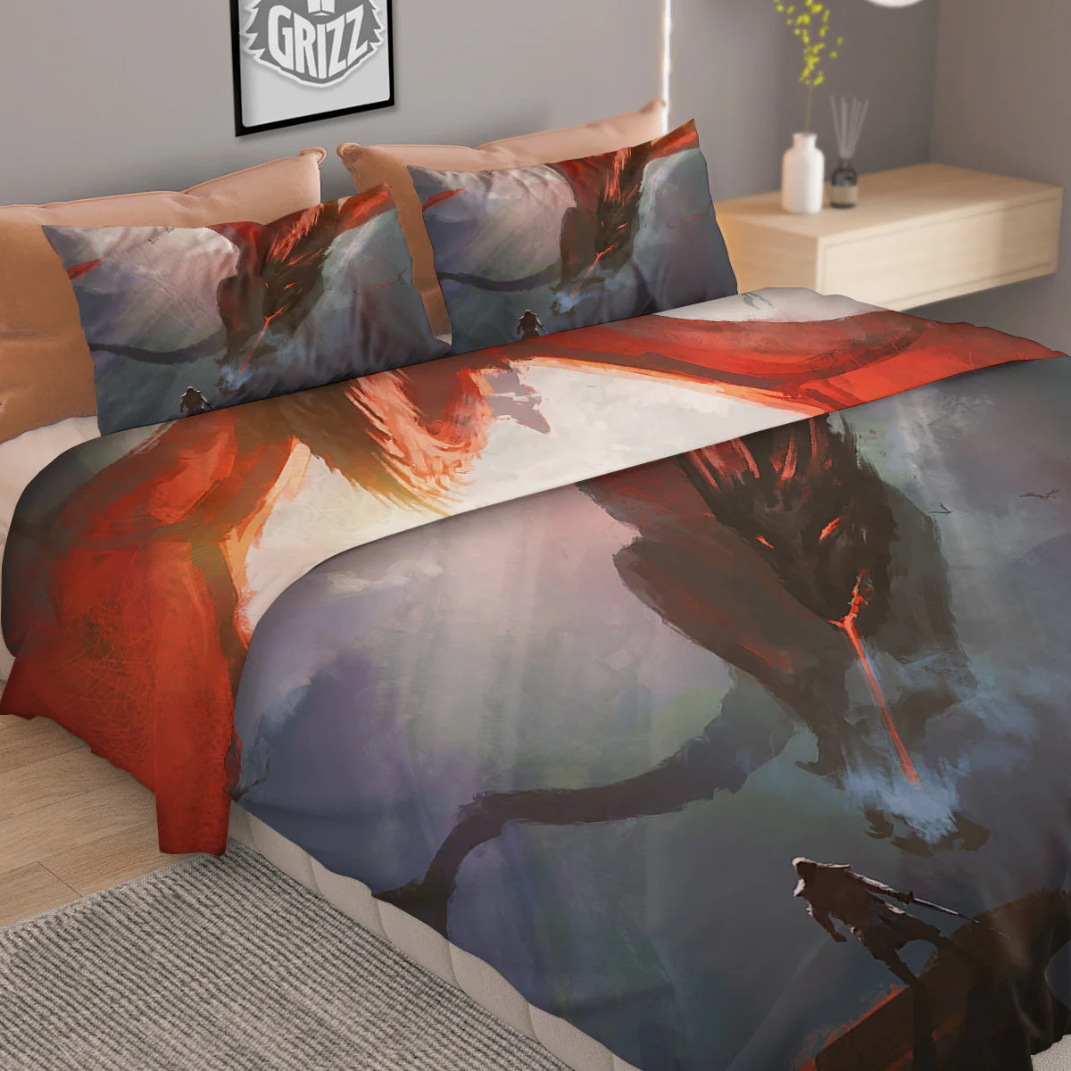 Warrior And Red Dragon Print Duvet Cover Bedding Set - Image 2