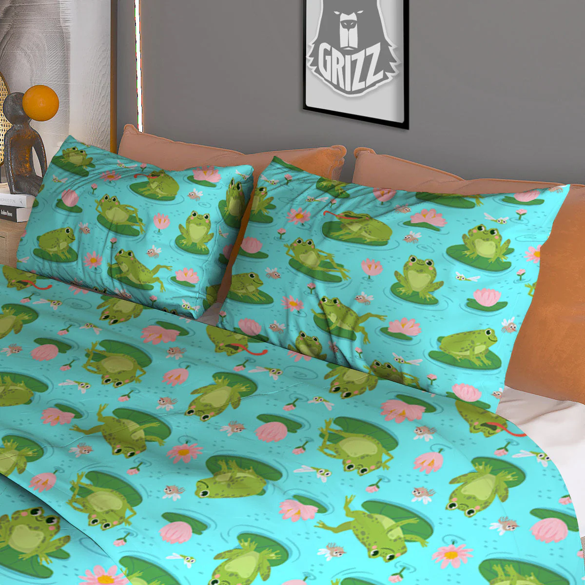 Water Lilies And Frogs Print Pattern Duvet Cover Bedding Set - Image 3