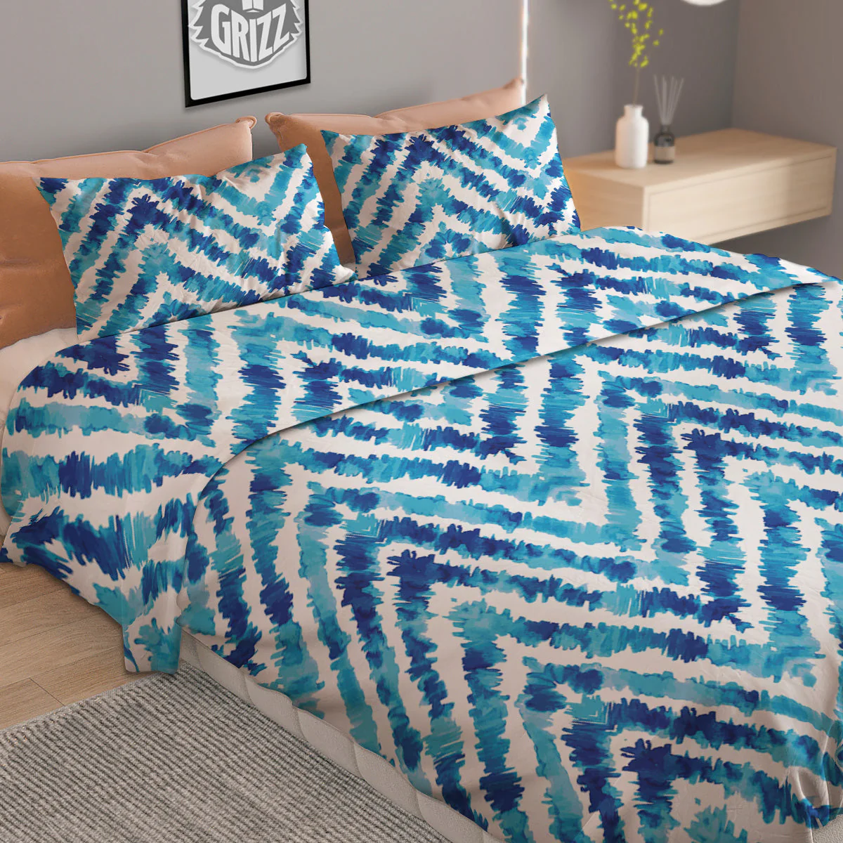 Watercolor Blue Zigzag Print Pattern Duvet Cover Bedding Set - Image 2
