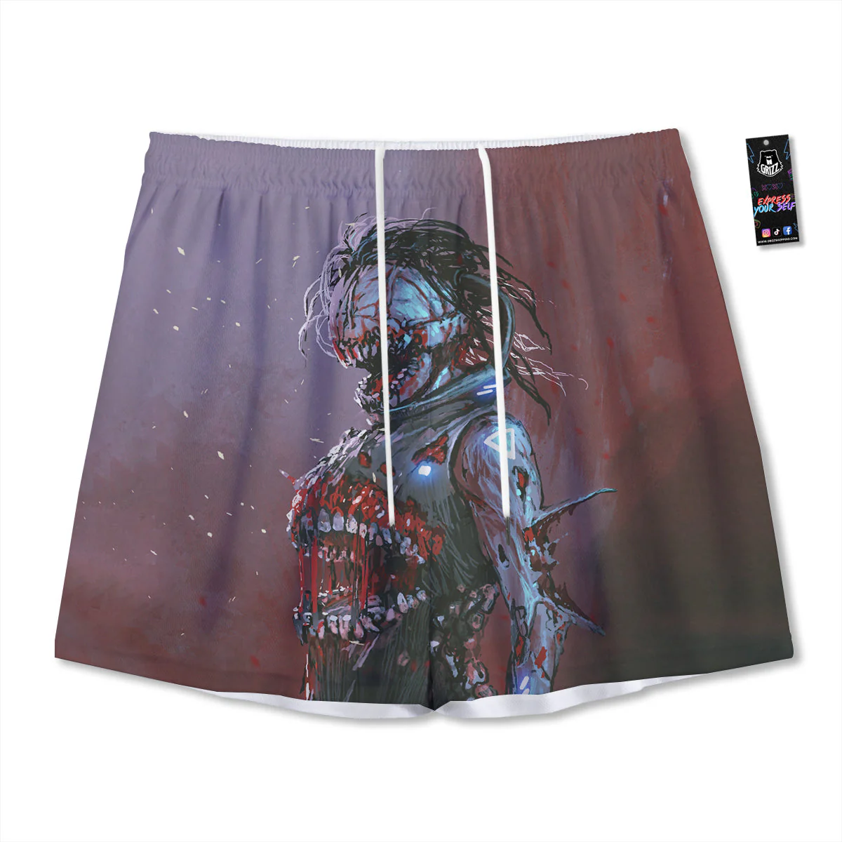 Watercolor Creepy Monsters Open Mouth Print Mesh Shorts