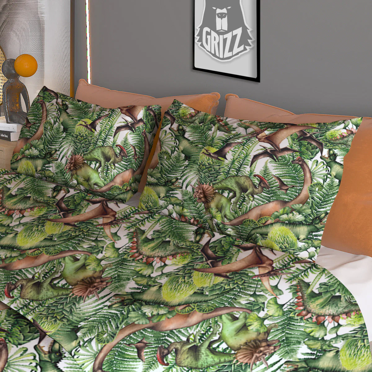 Watercolor Dinosaurs Plants Print Pattern Duvet Cover Bedding Set - Image 3