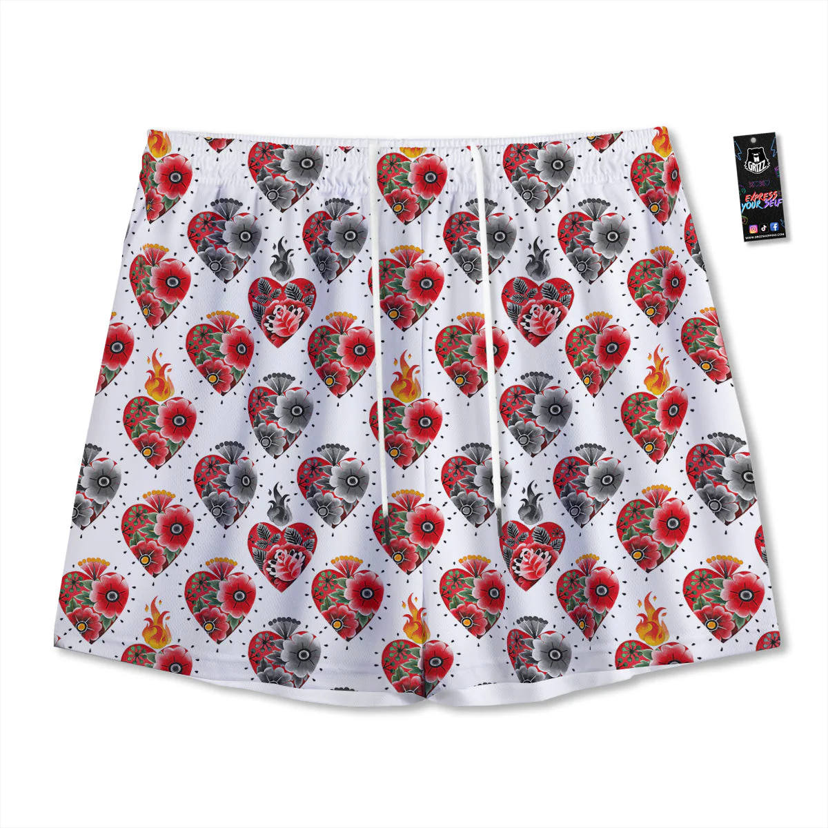Watercolor Flaming Heart Tattoo Print Pattern Mesh Shorts