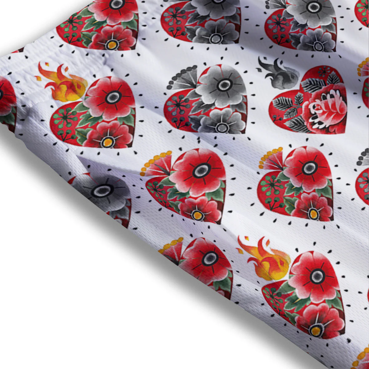 Watercolor Flaming Heart Tattoo Print Pattern Mesh Shorts - Image 3