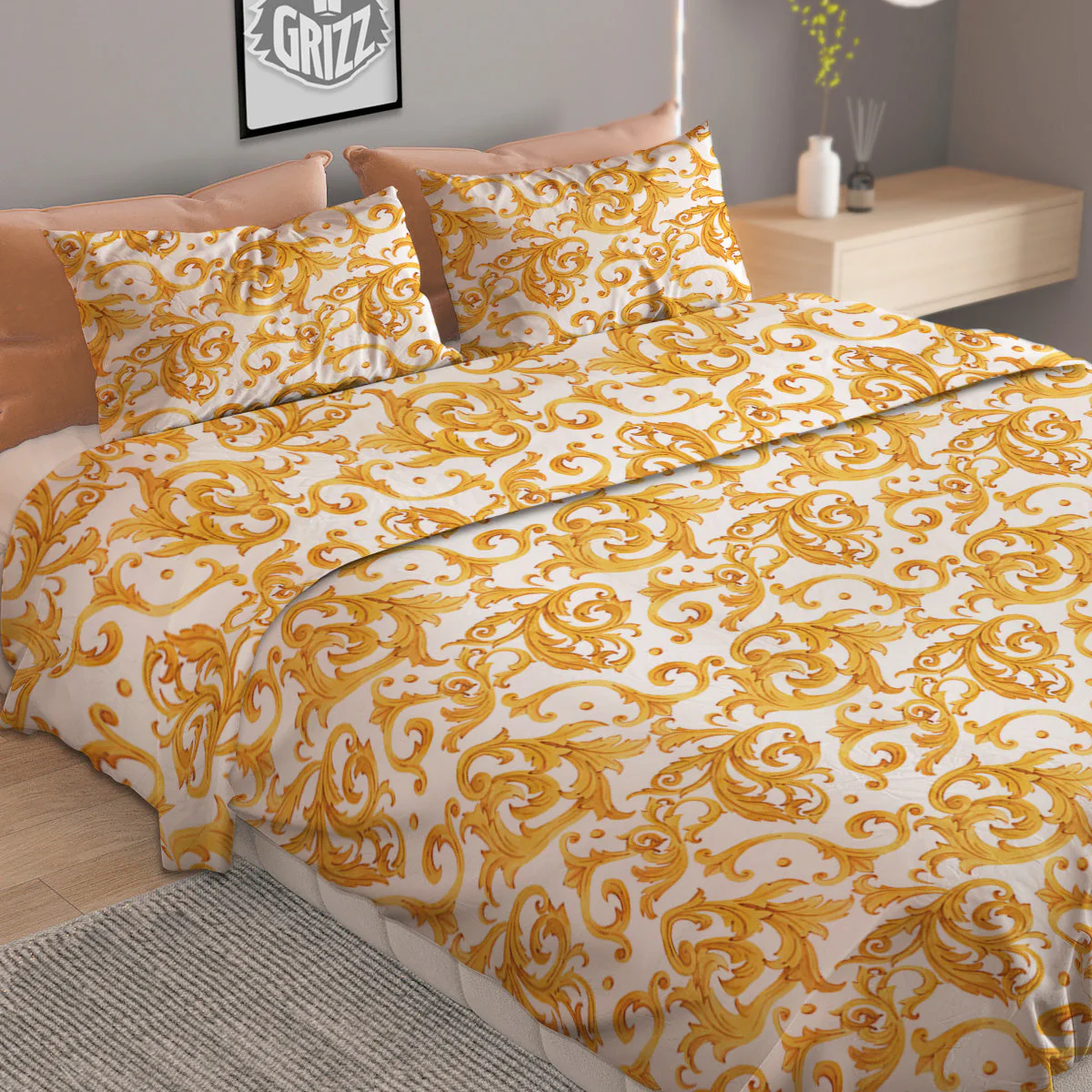 Watercolor Golden Baroque Print Pattern Duvet Cover Bedding Set - Image 2