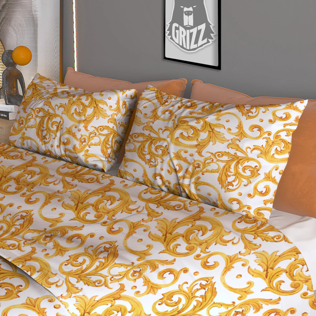 Watercolor Golden Baroque Print Pattern Duvet Cover Bedding Set - Image 3