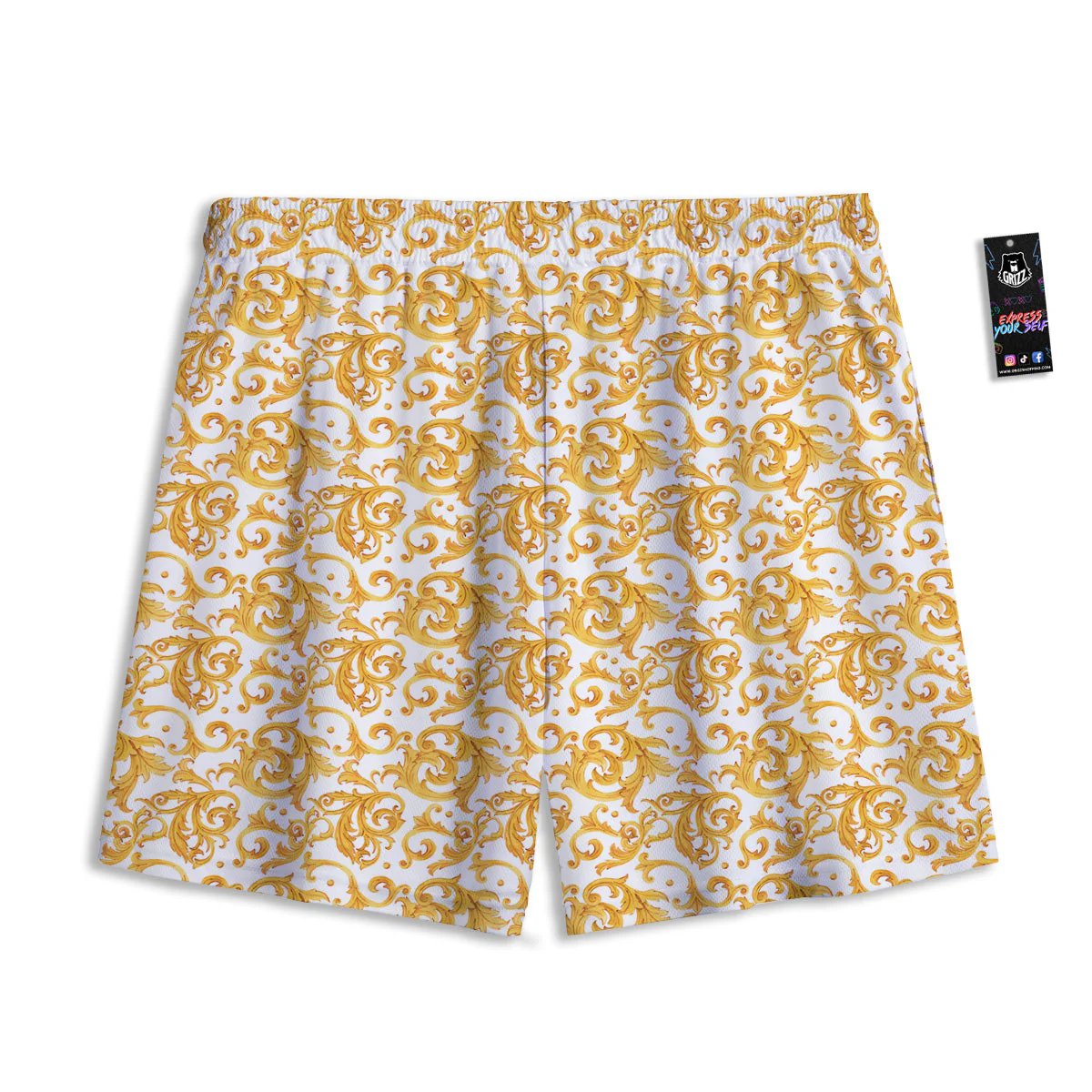Watercolor Golden Baroque Print Pattern Mesh Shorts - Image 2