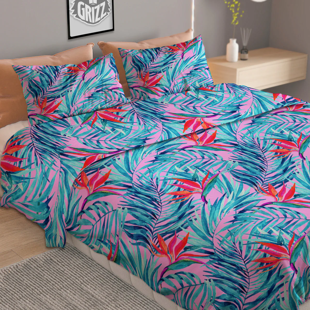 Watercolor Hawaiian Pink And Blue Print Duvet Cover Bedding Set - Image 2