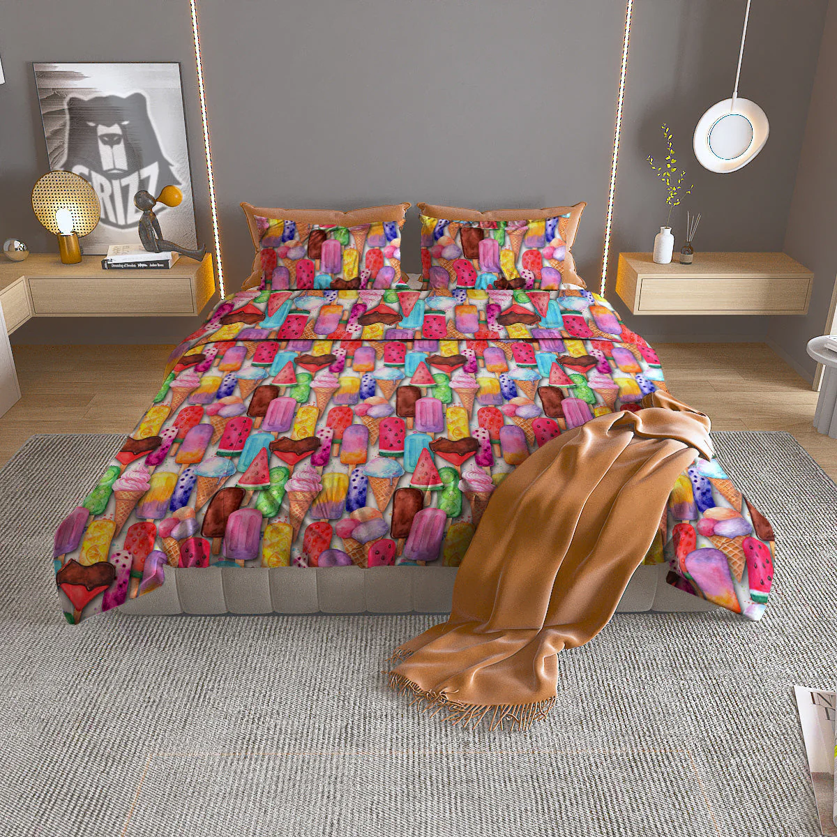 Watercolor Ice Cream Print Pattern Duvet Cover Bedding Set