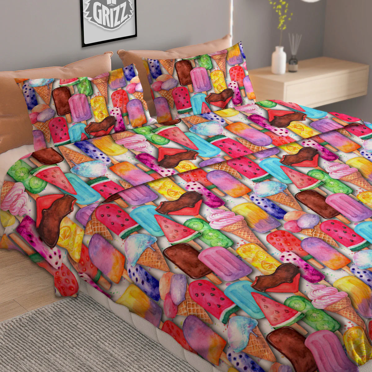 Watercolor Ice Cream Print Pattern Duvet Cover Bedding Set - Image 2