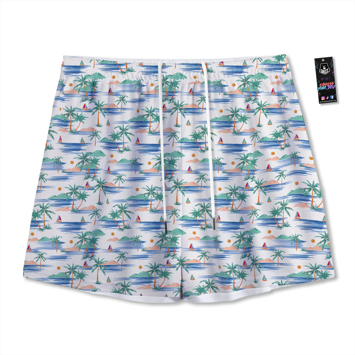 Watercolor Summer Island Palm Tree Print Pattern Mesh Shorts