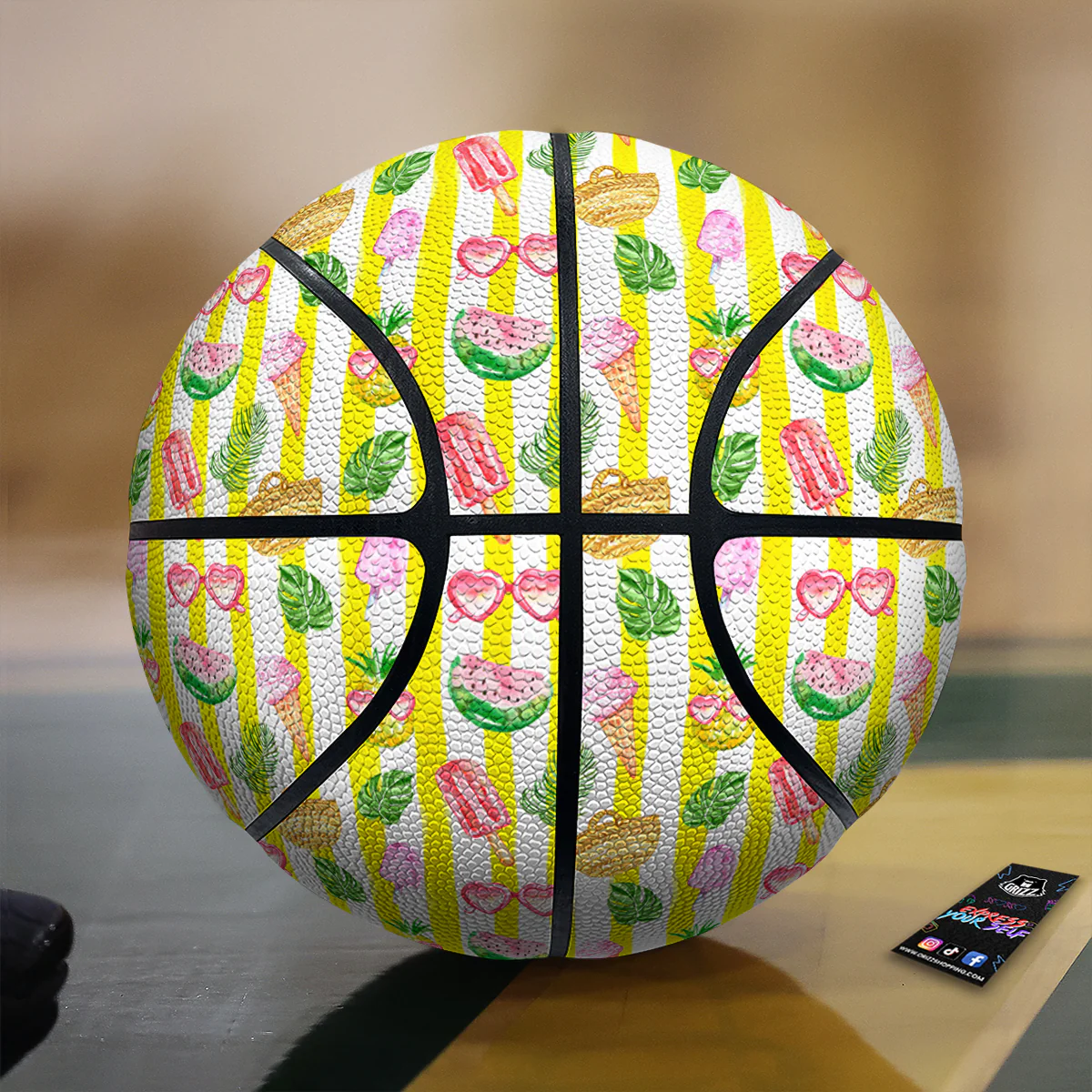 Watercolor Summer Yellow Stripe Print Pattern Basketball