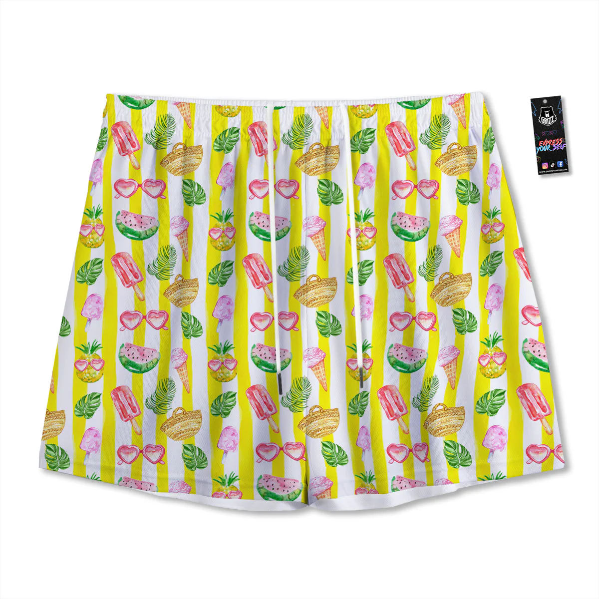 Watercolor Summer Yellow Stripe Print Pattern Mesh Shorts