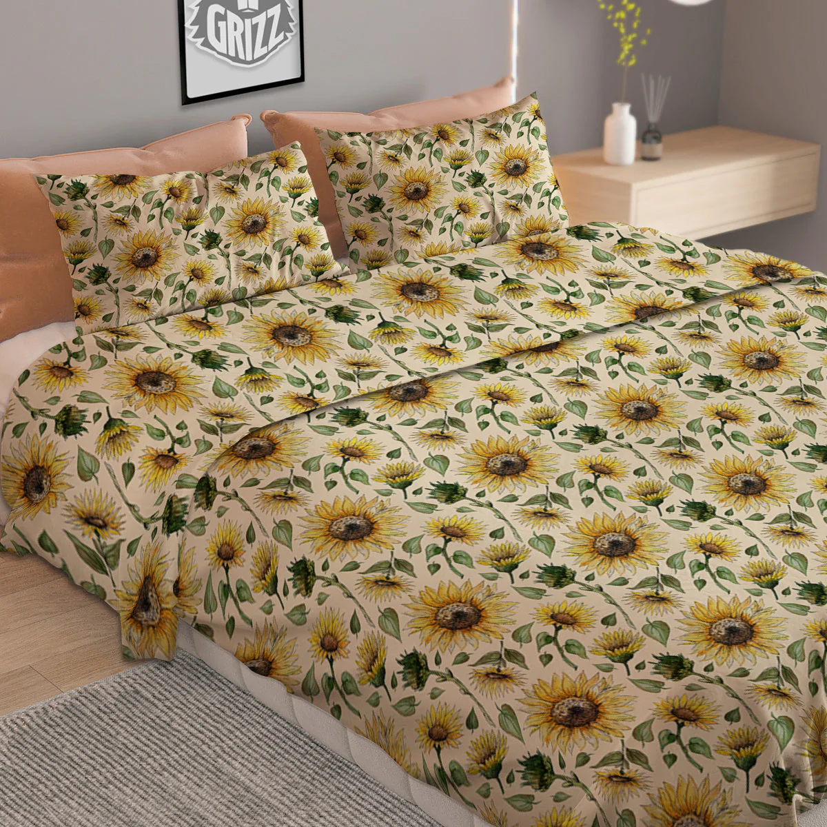 Watercolor Sunflower Beige Print Pattern Duvet Cover Bedding Set - Image 2