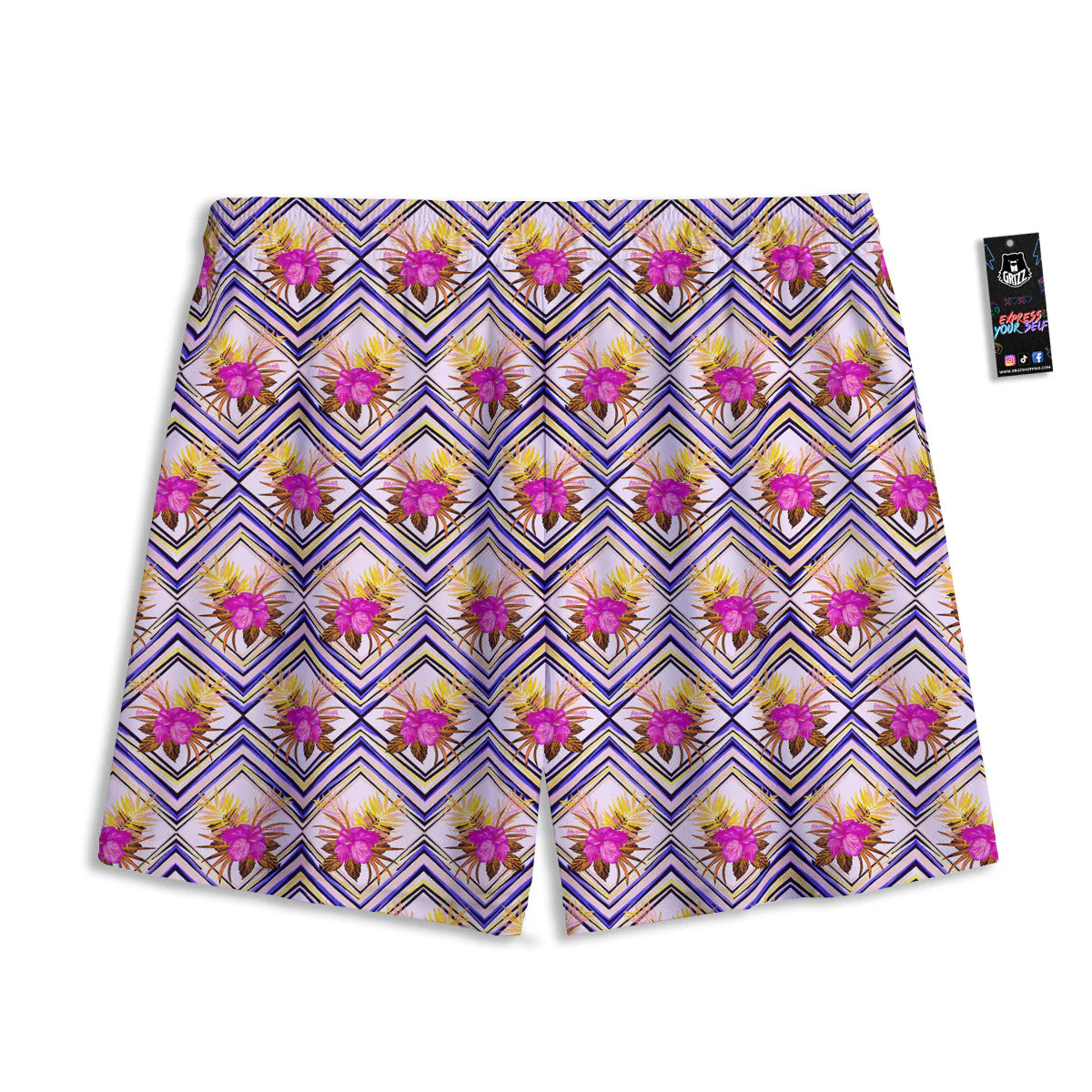 Watercolor Tropical Flower Zigzag Print Pattern Mesh Shorts - Image 2