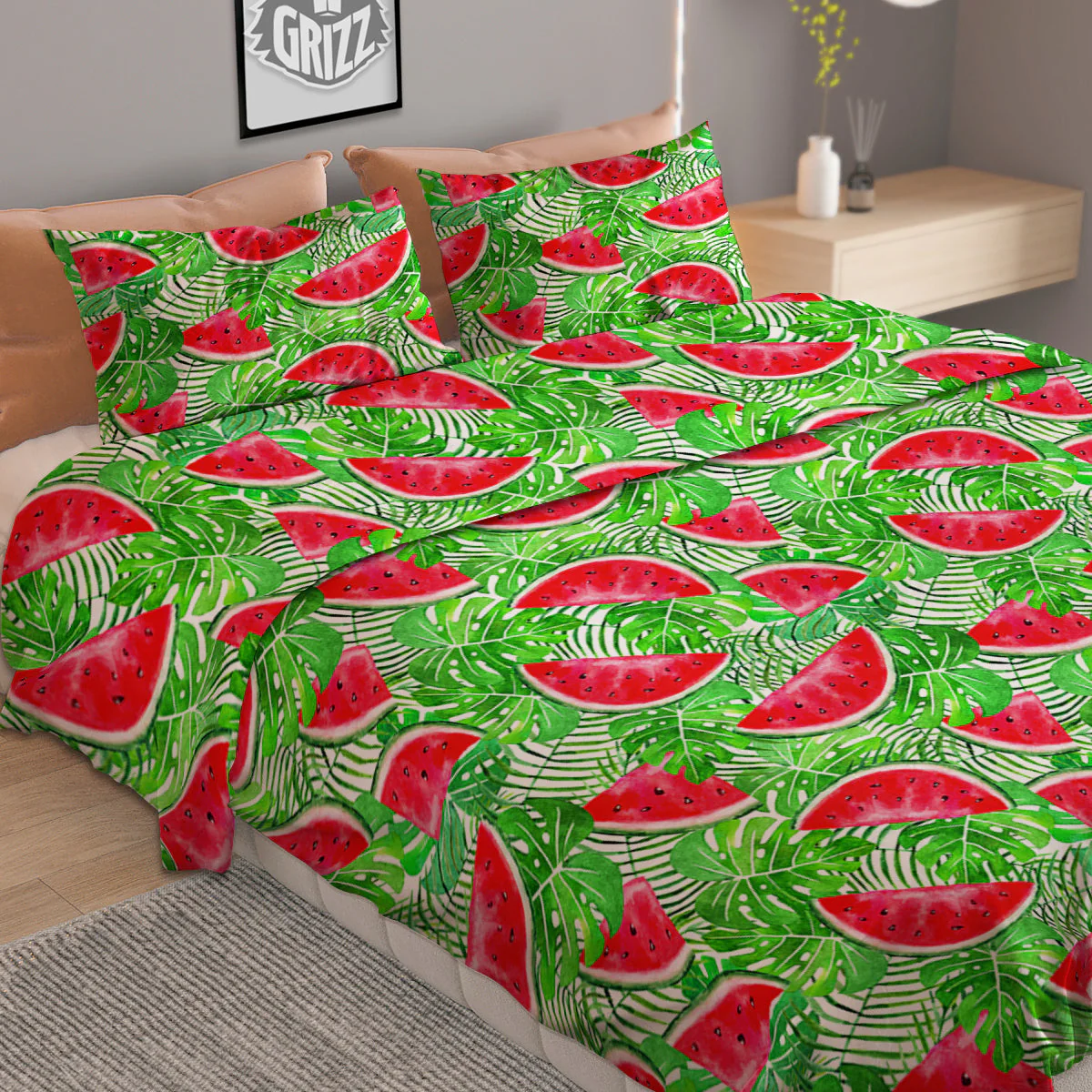 Watermelon Aloha Tropical Print Pattern Duvet Cover Bedding Set - Image 2