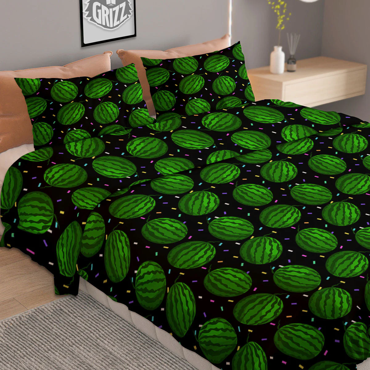Watermelon Black Cute Print Pattern Duvet Cover Bedding Set - Image 2