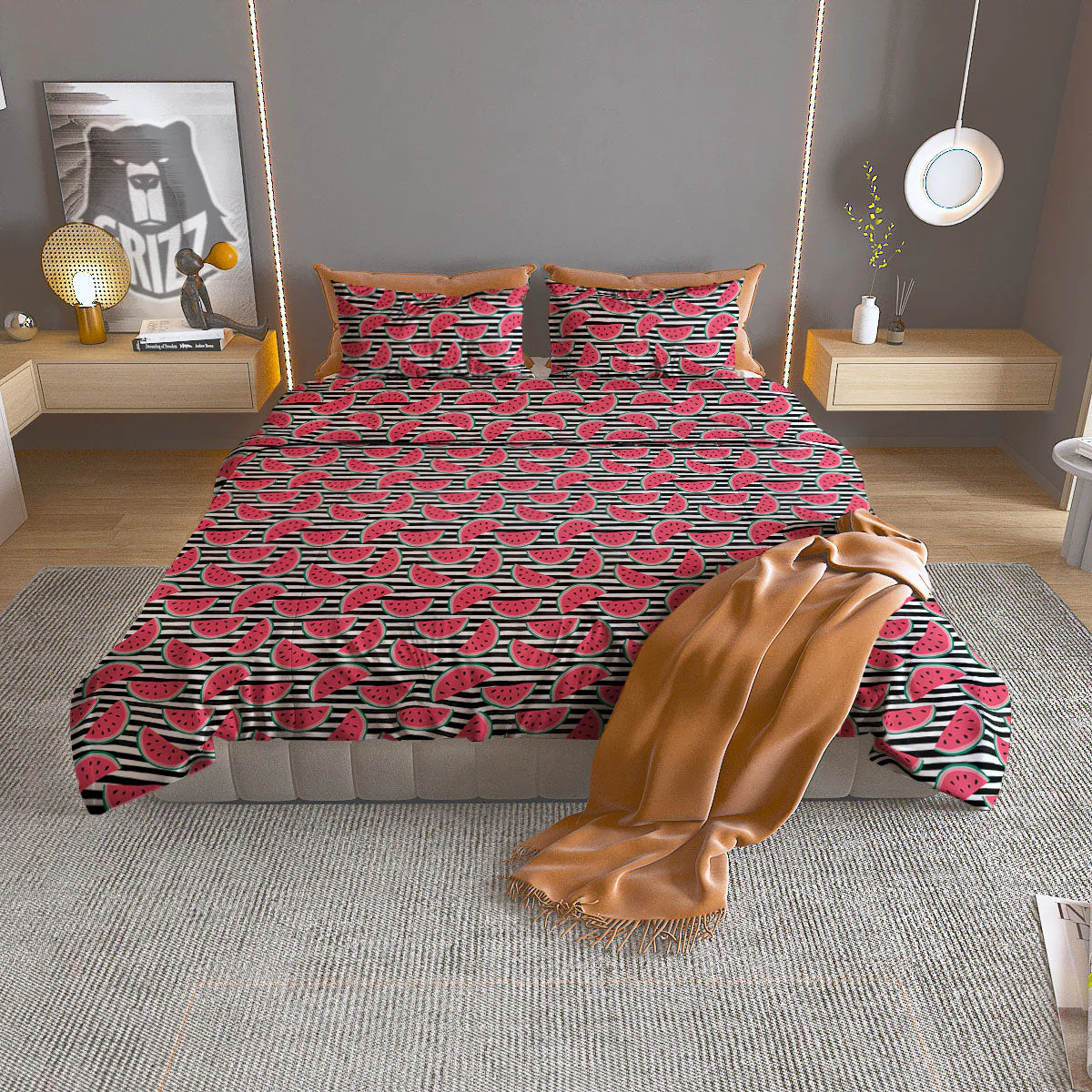 Watermelon Black Striped Print Pattern Duvet Cover Bedding Set