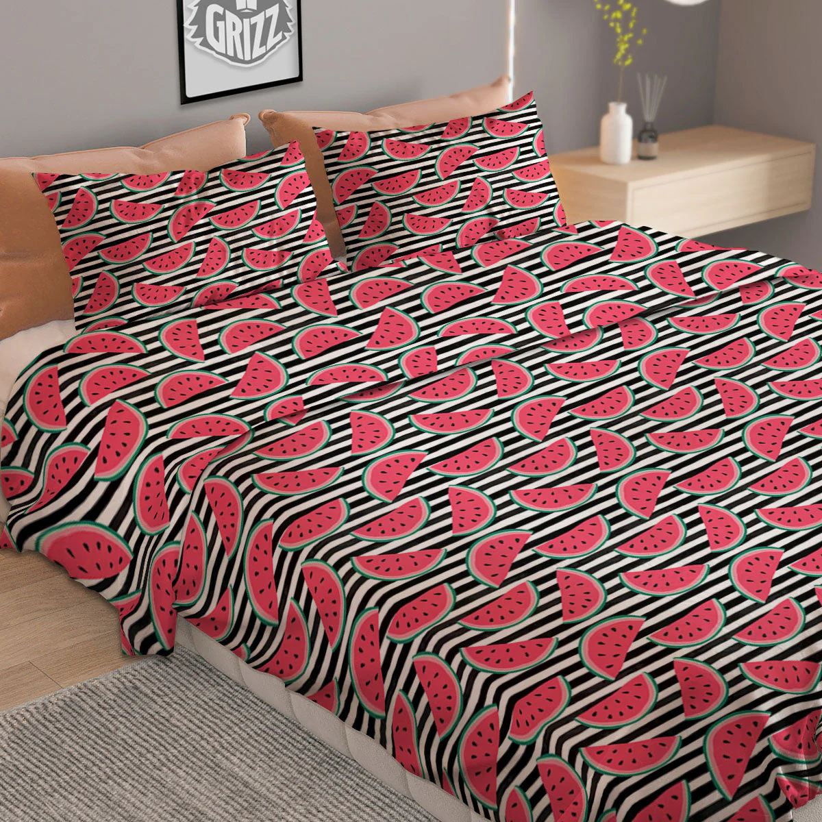 Watermelon Black Striped Print Pattern Duvet Cover Bedding Set - Image 2