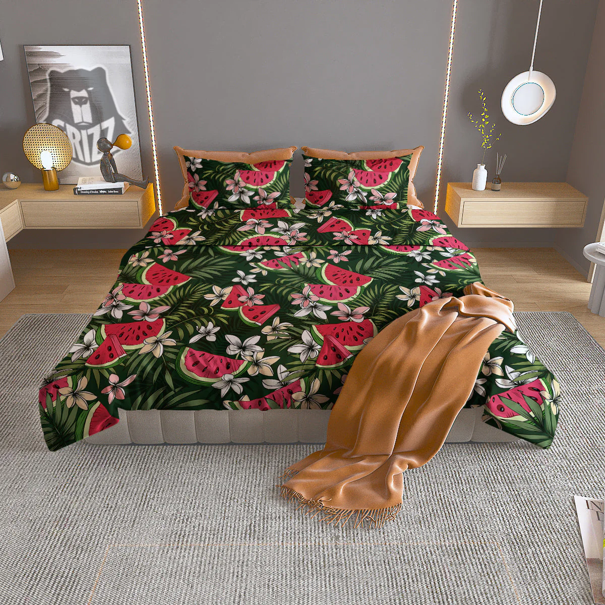 Watermelon Leaves Tropical Print Pattern Duvet Cover Bedding Set