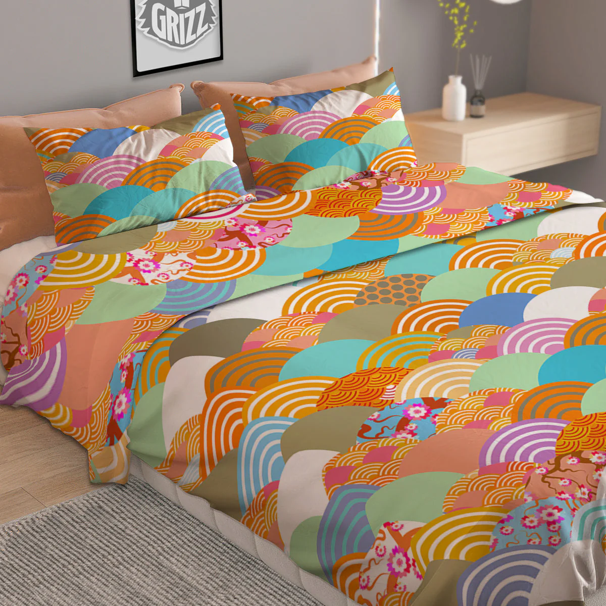 Wave Japanese Flower Colorful Print Pattern Duvet Cover Bedding Set - Image 2