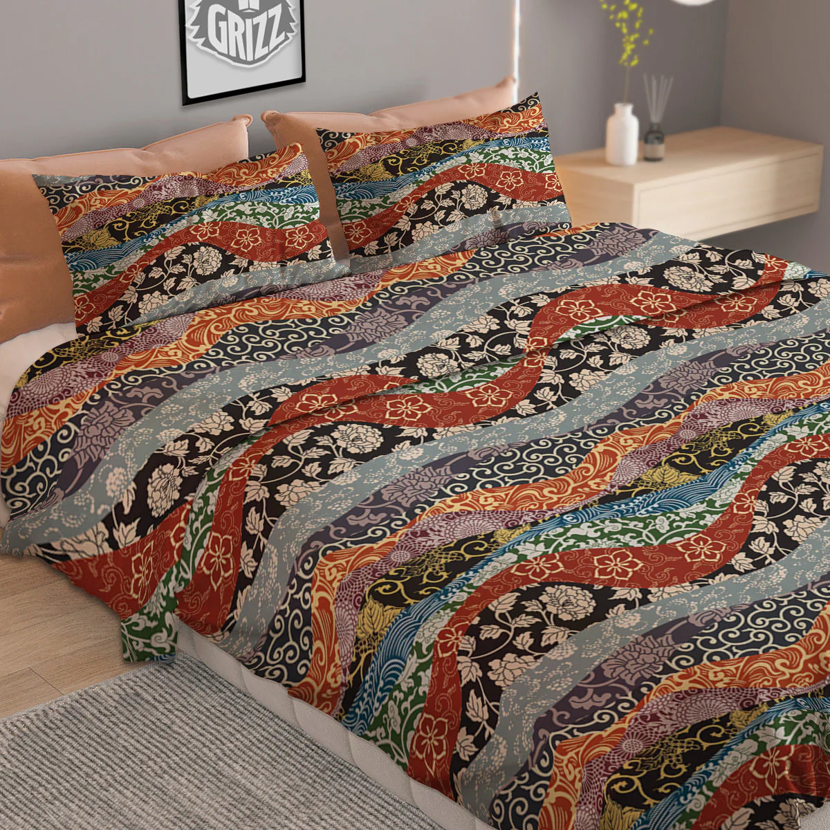 Wave Japanese Patchwork Print Pattern Duvet Cover Bedding Set - Image 2