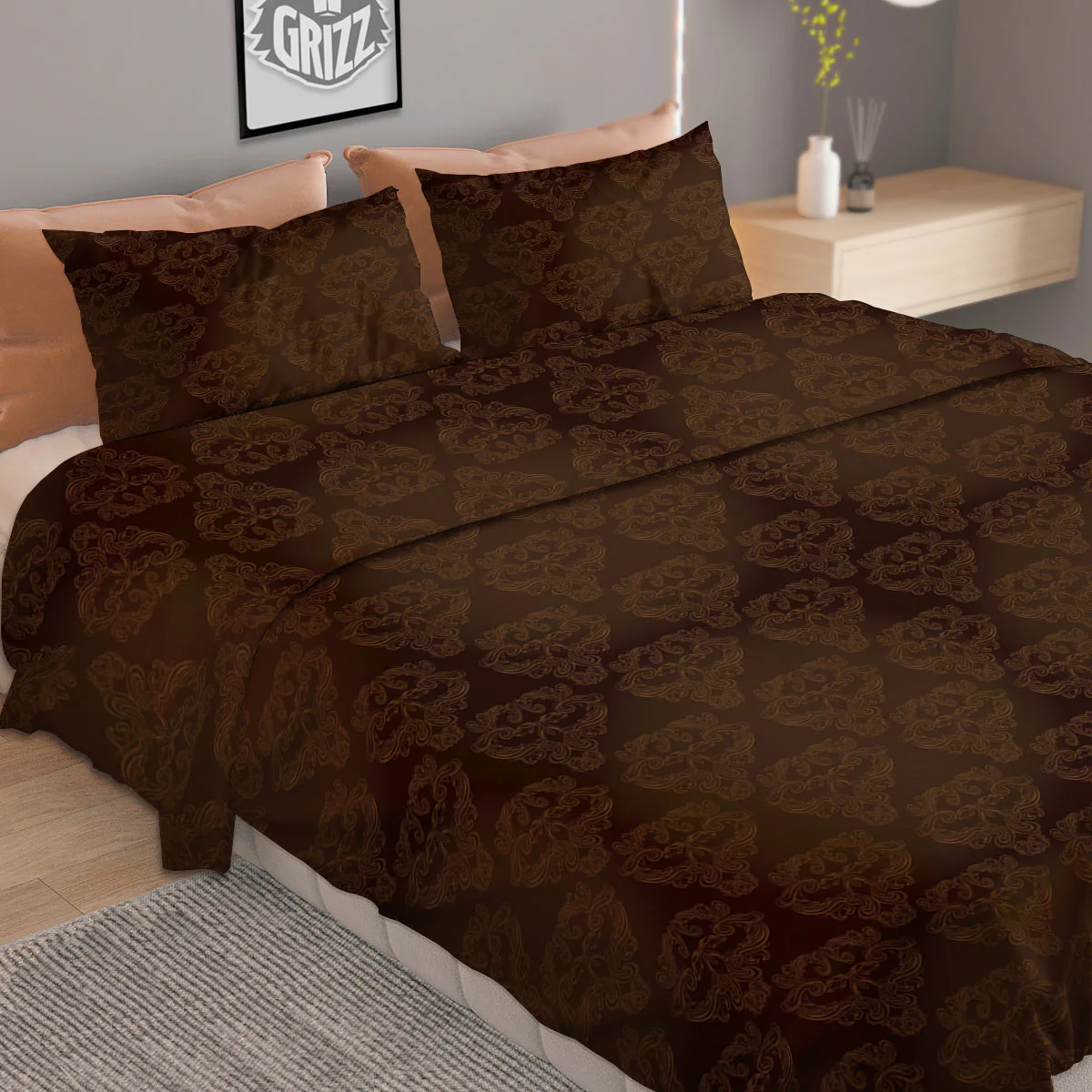 Western Damask Dark Brown Print Duvet Cover Bedding Set - Image 2
