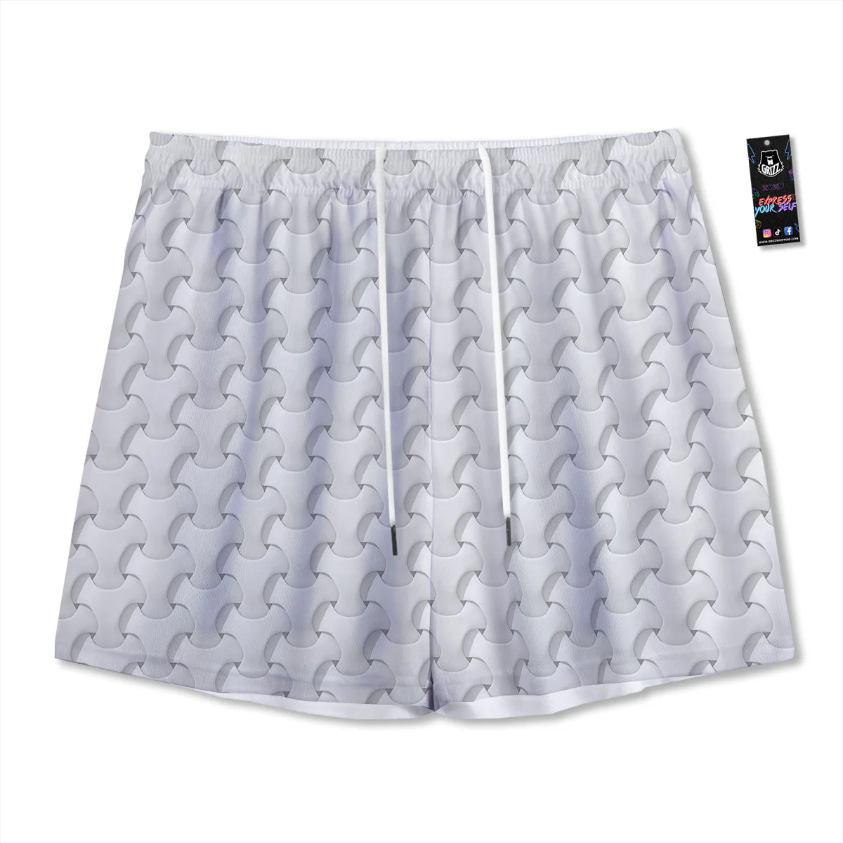 White Abstract 3D Geometric Print Pattern Mesh Shorts