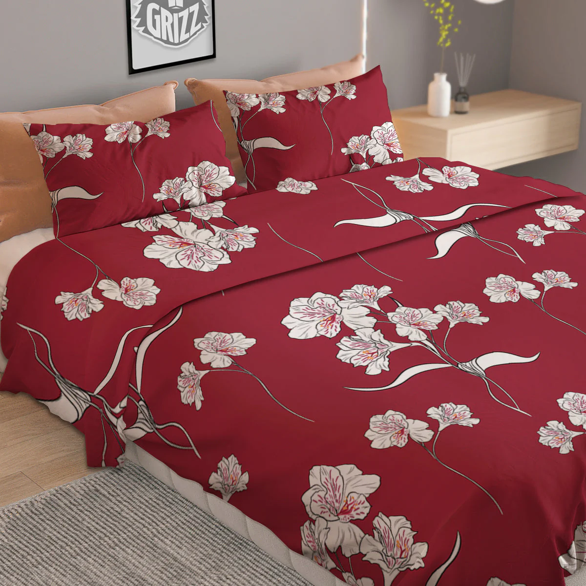 White Alstroemeria Red Print Pattern Duvet Cover Bedding Set - Image 2