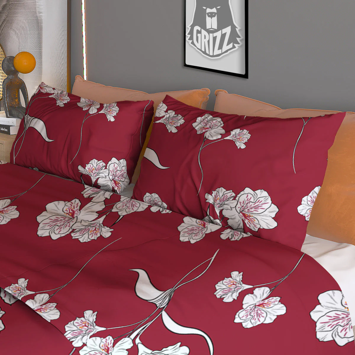 White Alstroemeria Red Print Pattern Duvet Cover Bedding Set - Image 3