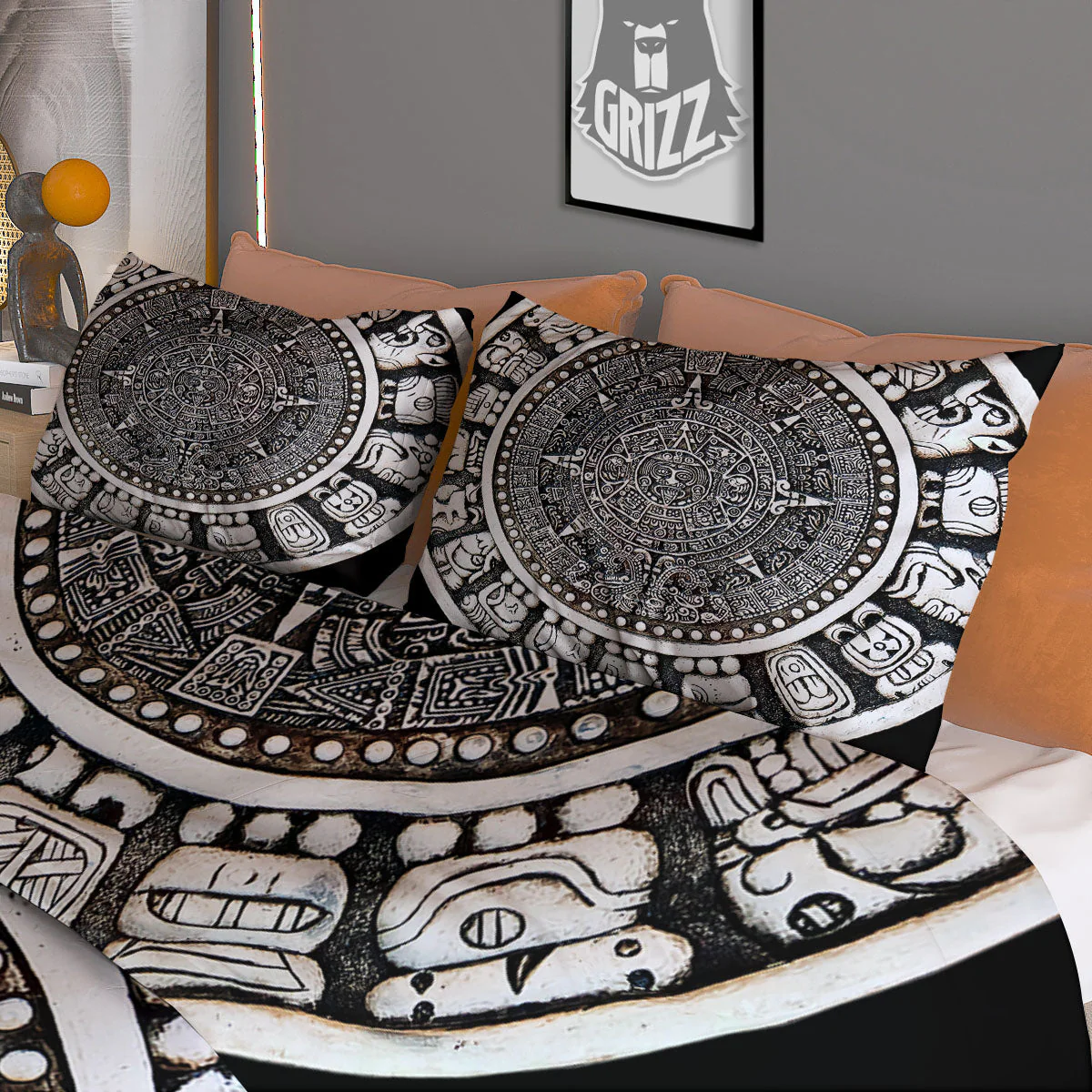 White And Black Maya Calendar Print Duvet Cover Bedding Set - Image 3