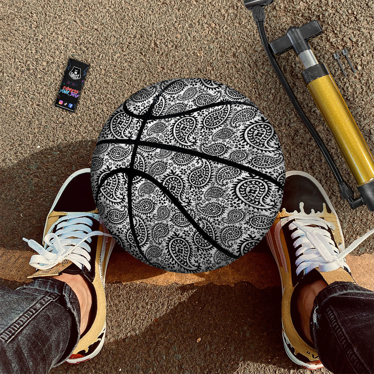 White And Black Paisley Print Pattern Basketball - Image 2