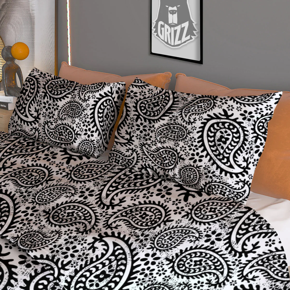 White And Black Paisley Print Pattern Duvet Cover Bedding Set - Image 3