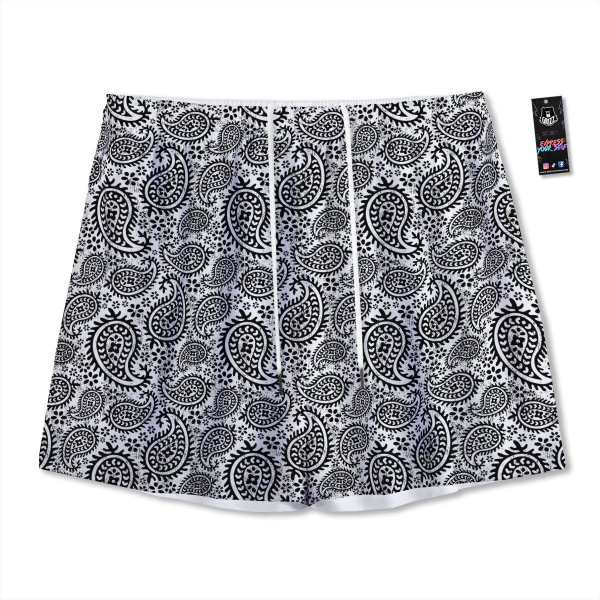 White And Black Paisley Print Pattern Mesh Shorts