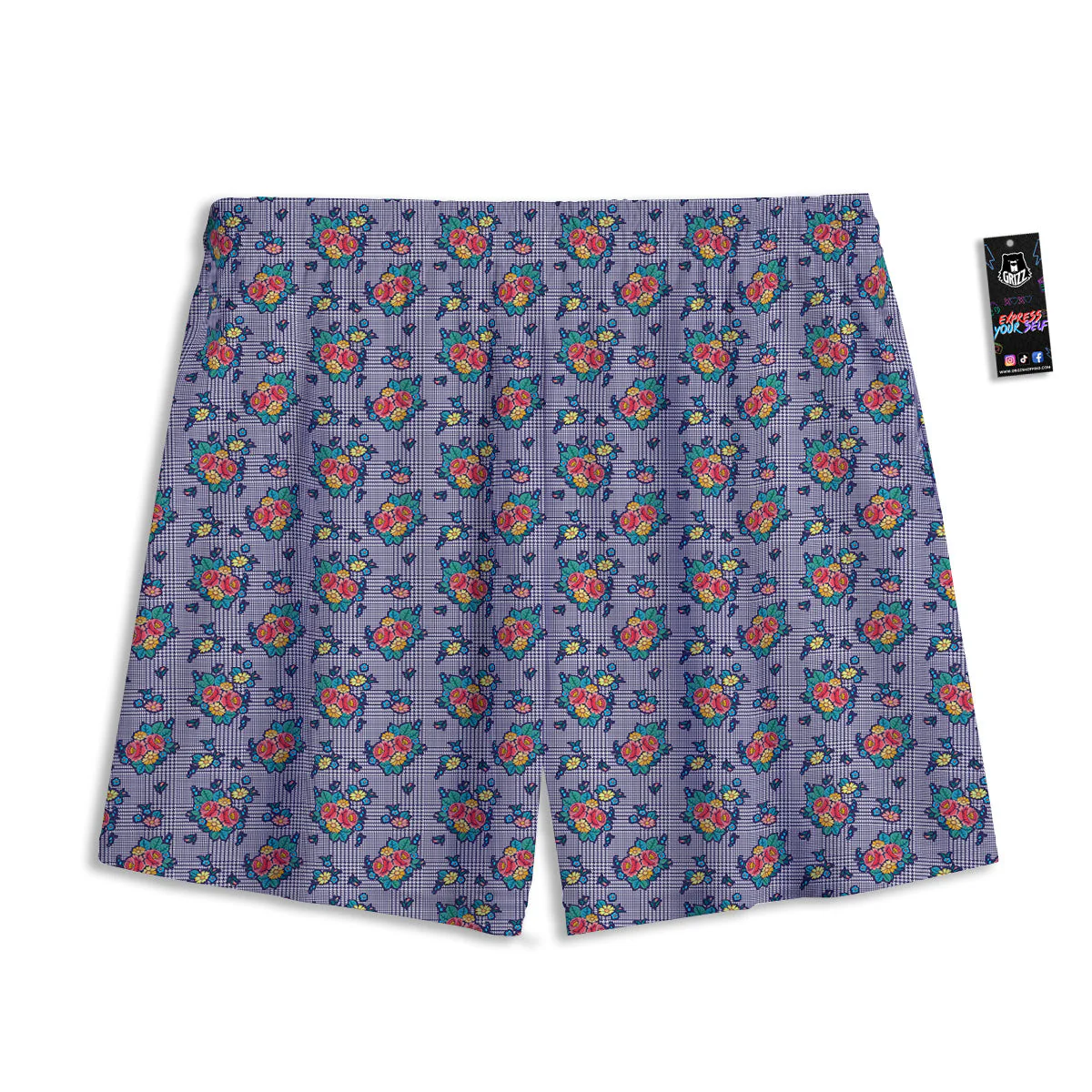 White And Blue Floral Glen Plaid Print Mesh Shorts - Image 2