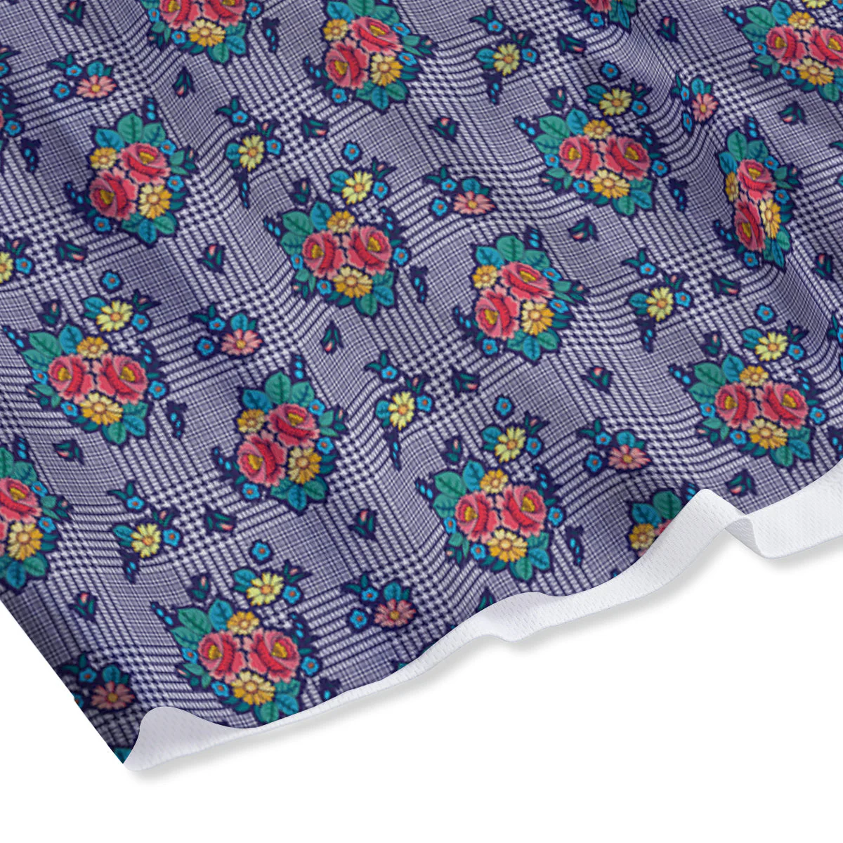 White And Blue Floral Glen Plaid Print Mesh Shorts - Image 4