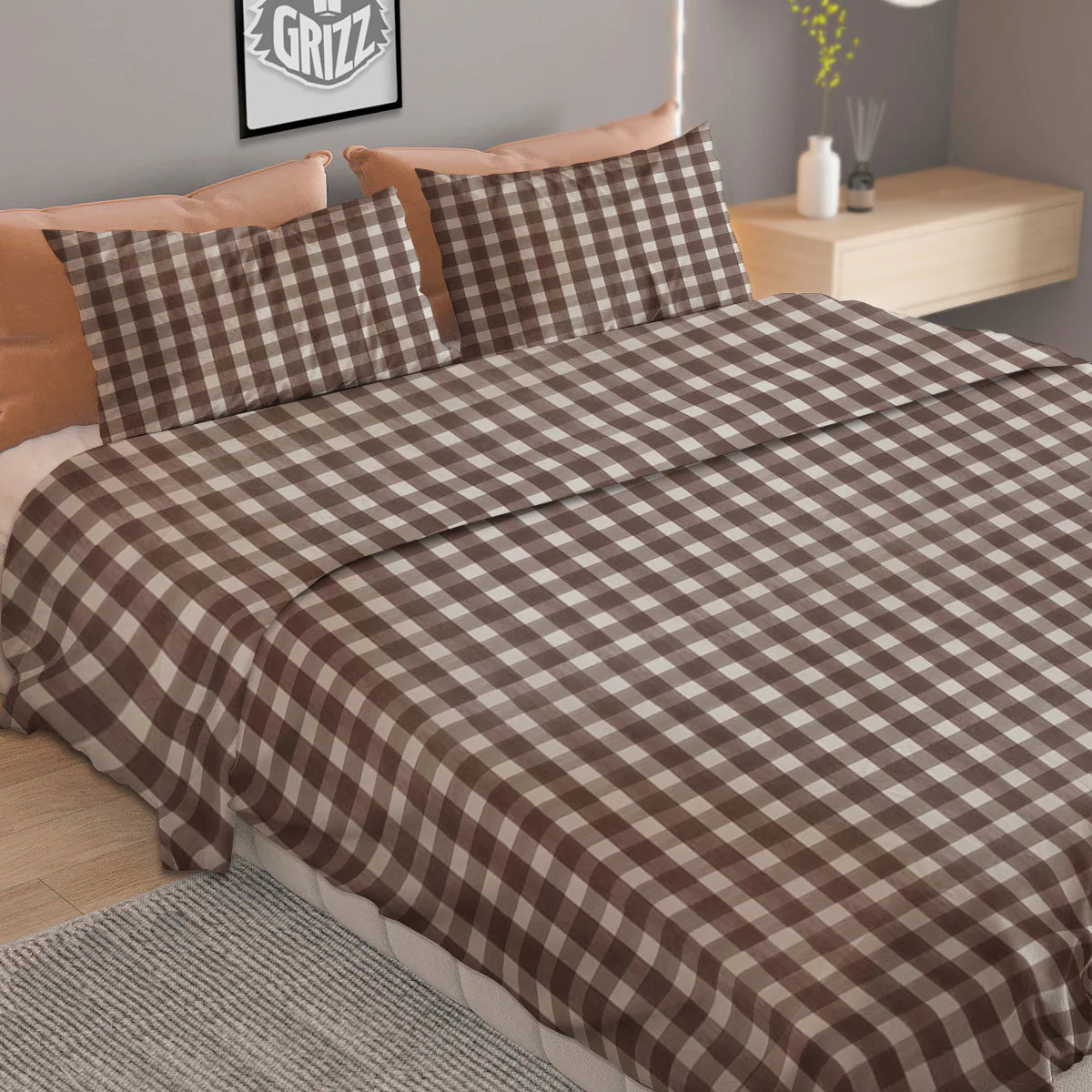 White And Brown Doodle Check Print Pattern Duvet Cover Bedding Set - Image 2