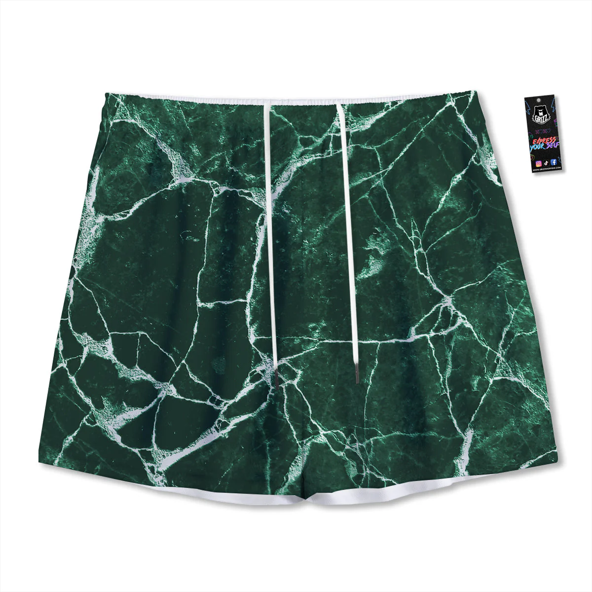 White And Dark Green Marble Texture Print Mesh Shorts