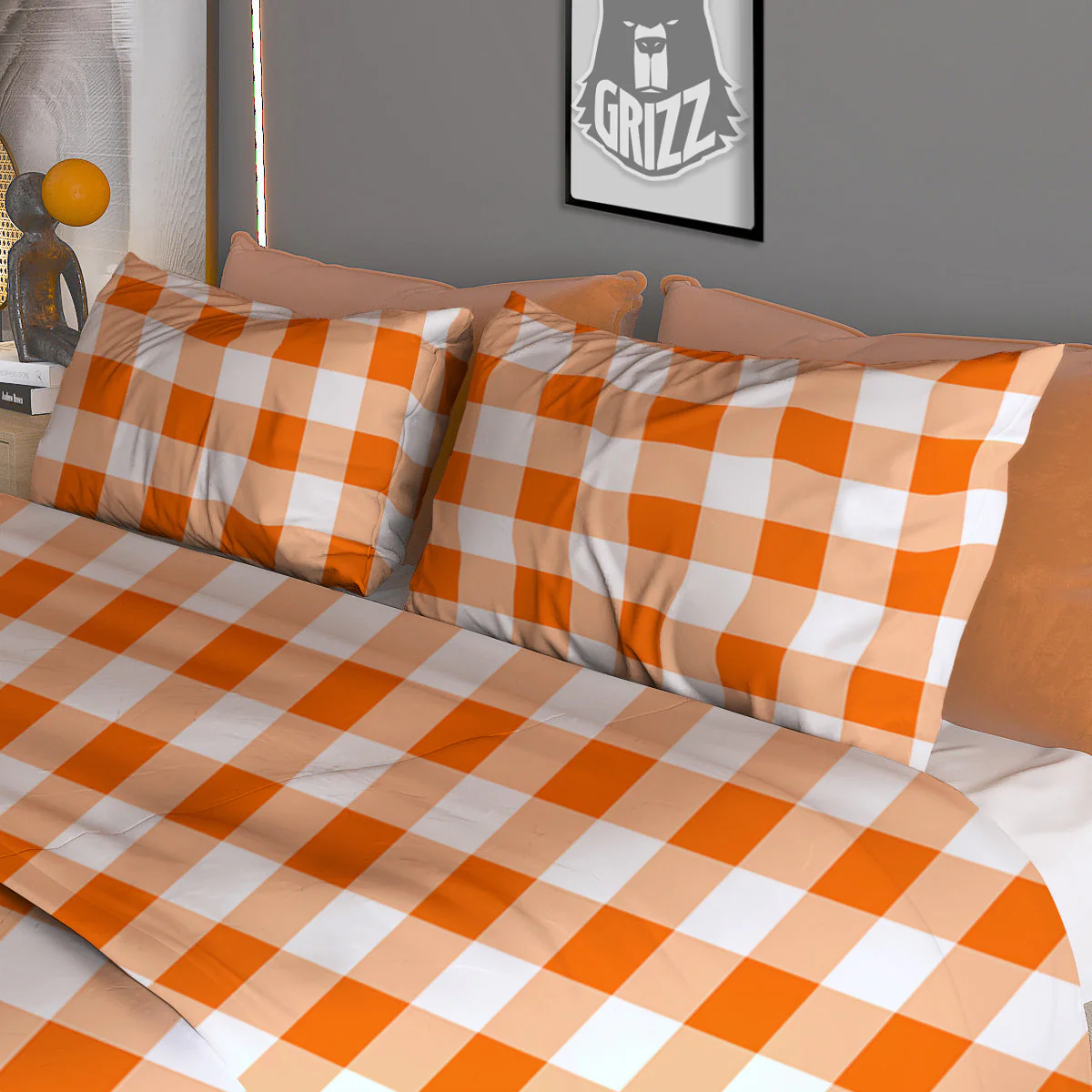 White And Orange Check Print Pattern Duvet Cover Bedding Set - Image 3